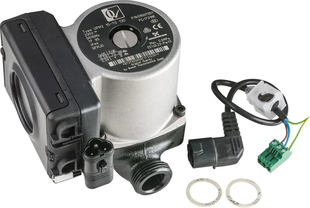 Hocheffizienzpumpe von Bosch, mit elektrischem Anschluss und Anschlussstück. Zwei Dichtungsringe sind im Lieferumfang enthalten. Design für Sanitär- oder Heizungsanwendungen.